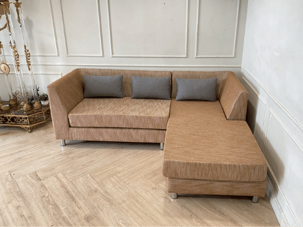 Left corner L-shaped sofa, seats, fabric cushion, brown color