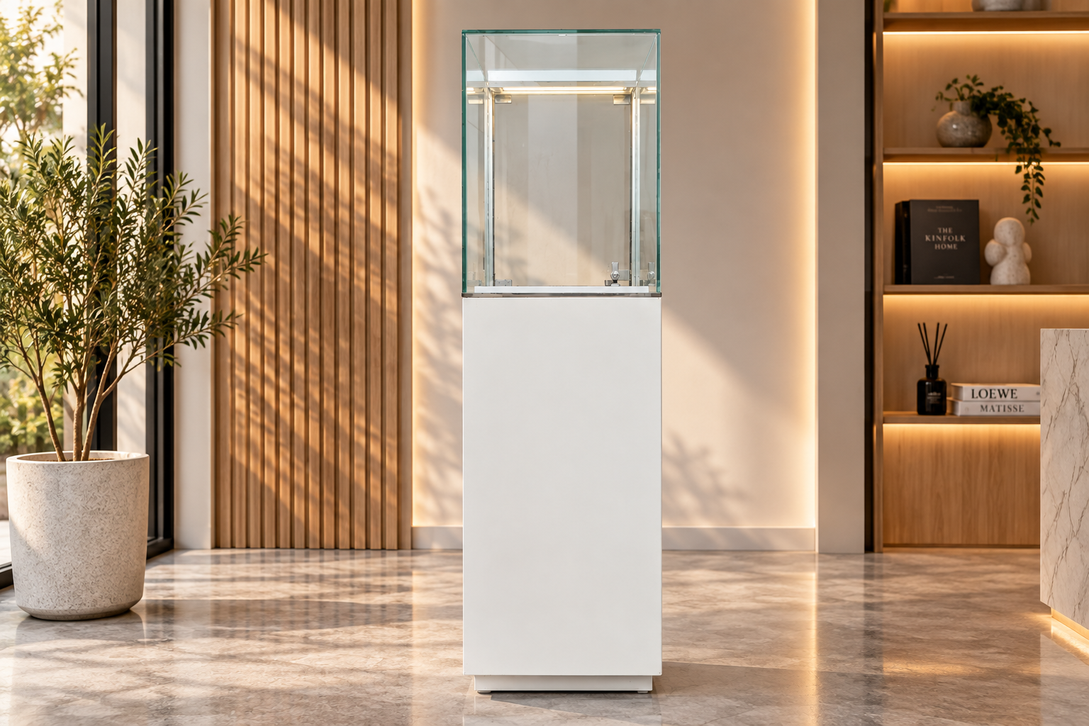 Tall white glass display cabinet with one door and two storage compartments.