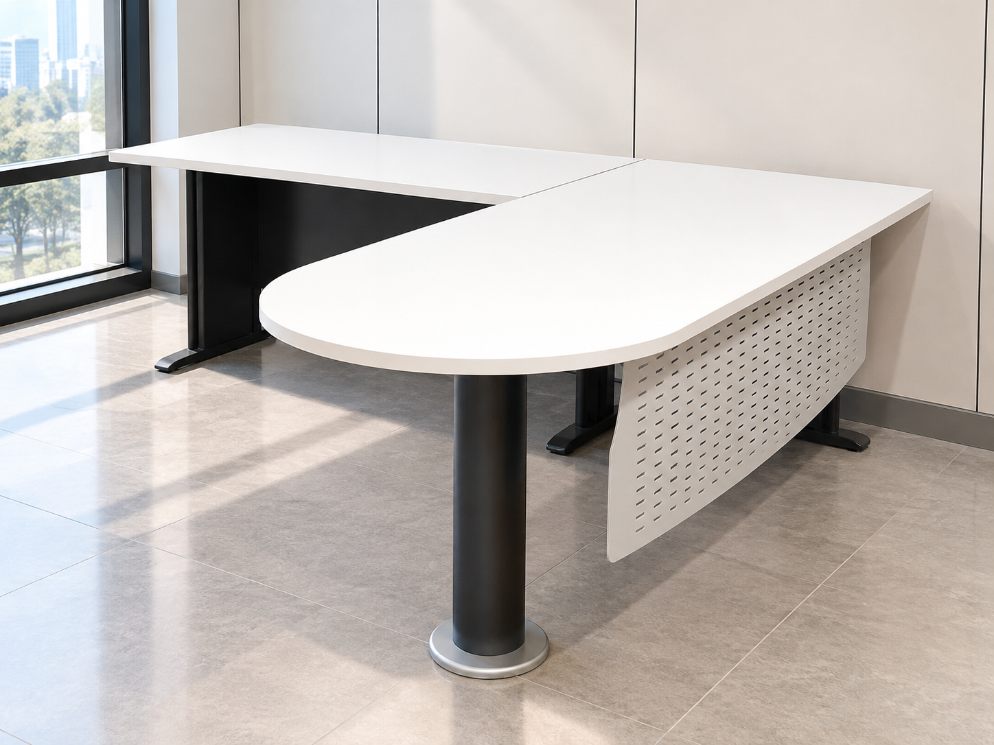Executive desk, L-shaped corner, light gray wood top, steel legs, has a steel plate to shield the view under the desk, brand UB.