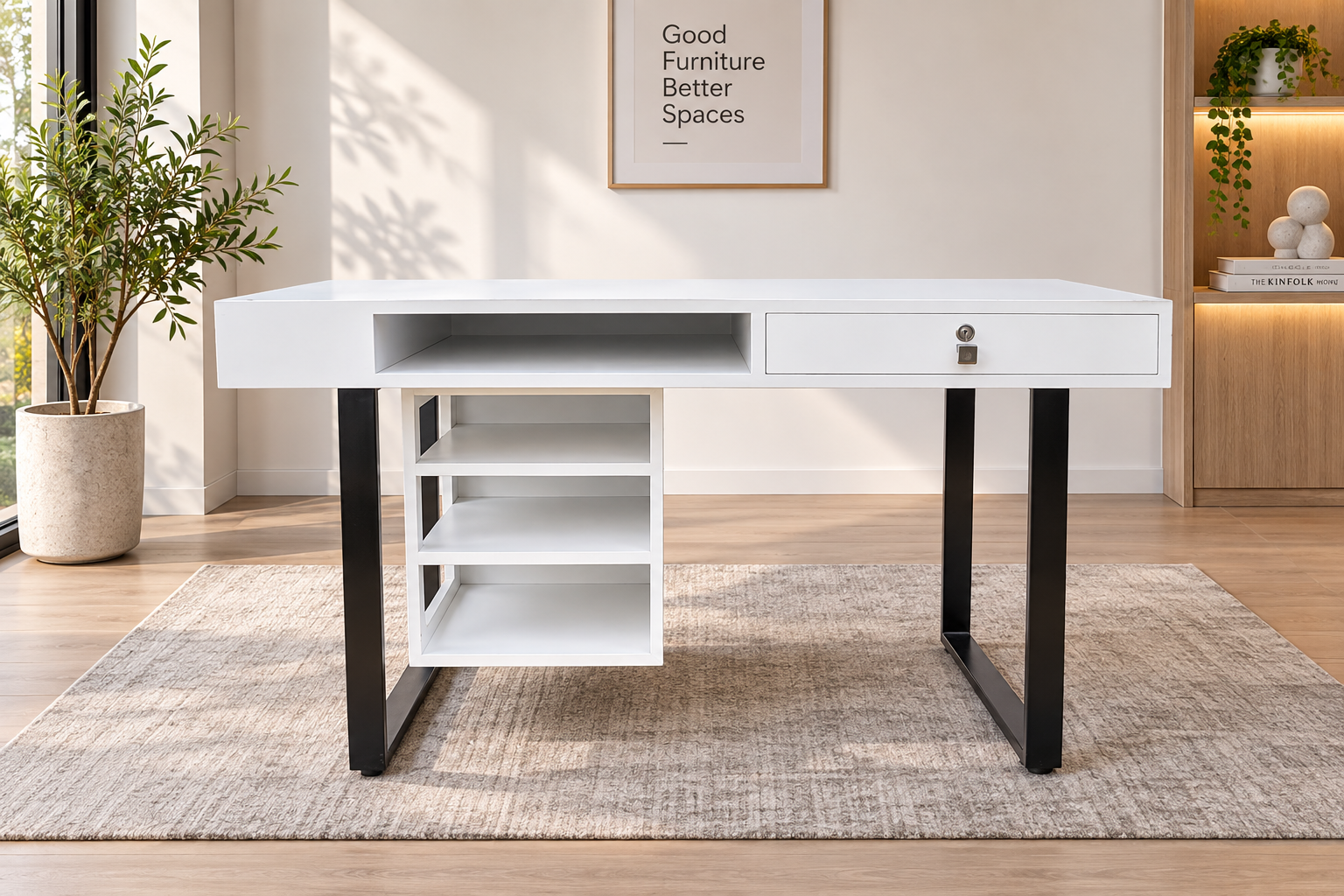 White desk with black metal legs, 1 drawer