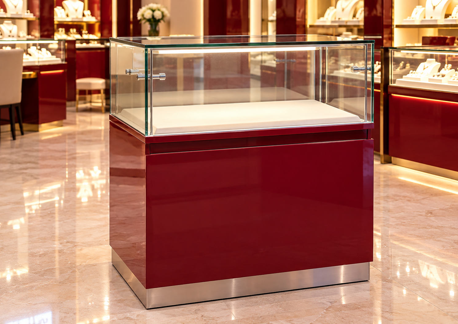 Red Jewelry Display Counter with Glass Top and Two Opening Doors (80 cm)