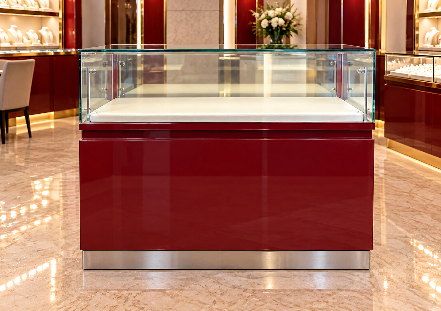 Red Jewelry Display Counter with Glass Top and 2 Opening Doors (120 cm)