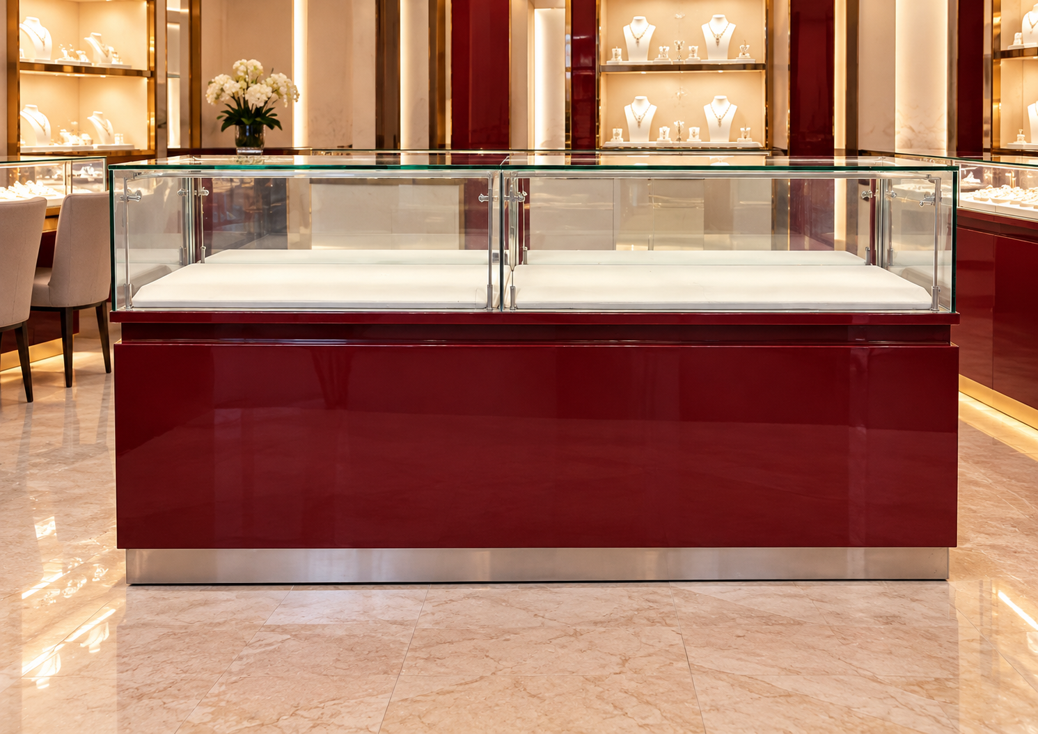 Red Jewelry Display Counter with 2 Glass Doors (180 cm)
