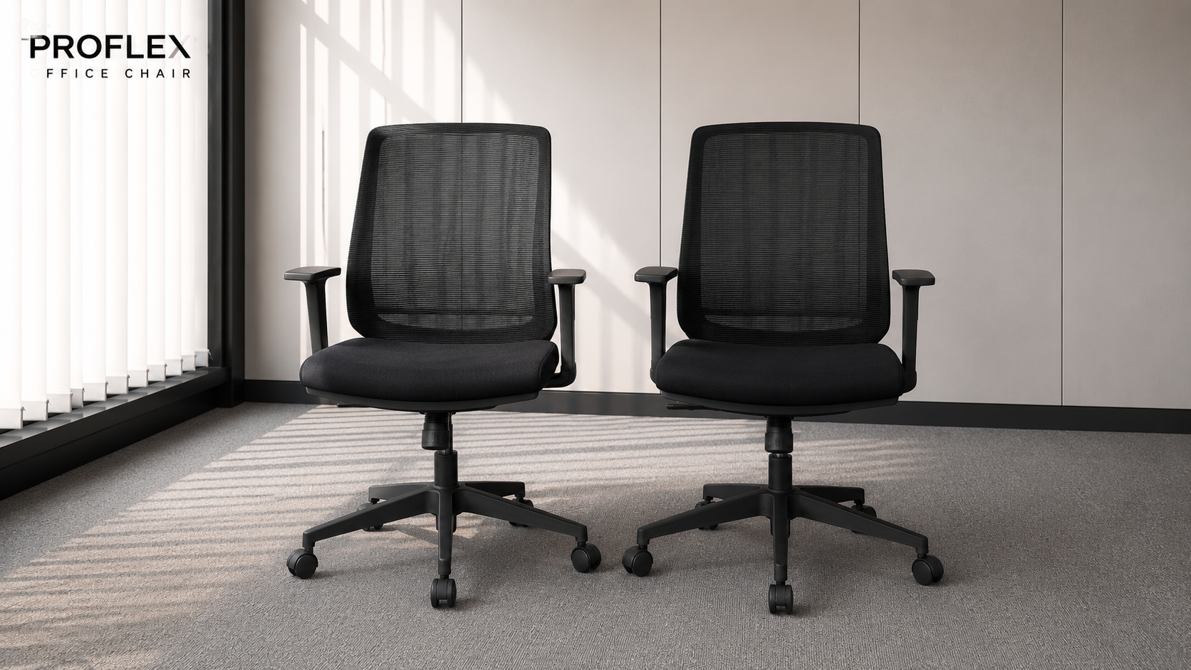 Proflex office chair with fabric upholstery, plastic legs, and a black mesh backrest._N9ETZ4CMH3