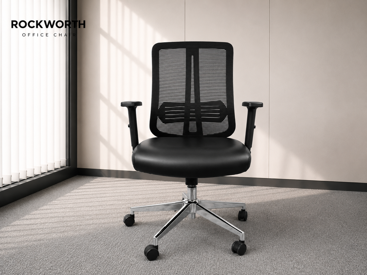 Office chair, leather seat, mesh backrest, steel arms and legs, wheels, Rockworth brand._67U641CGSN