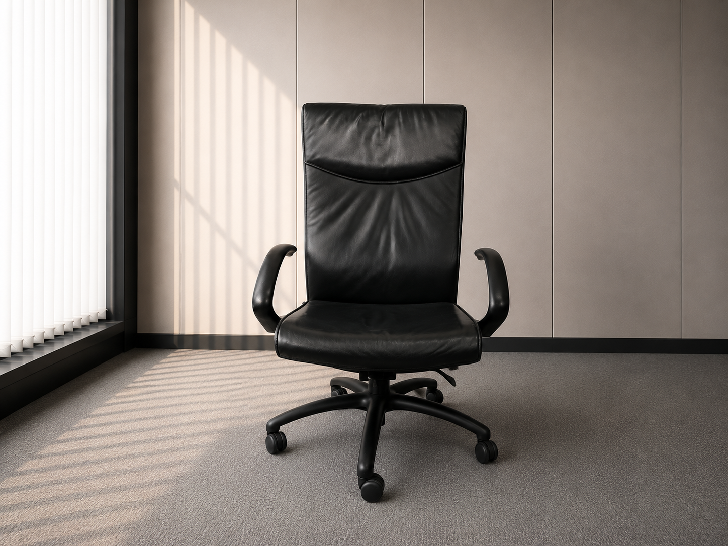 Office chair, leather upholstery, steel legs, high back, black, Moflex