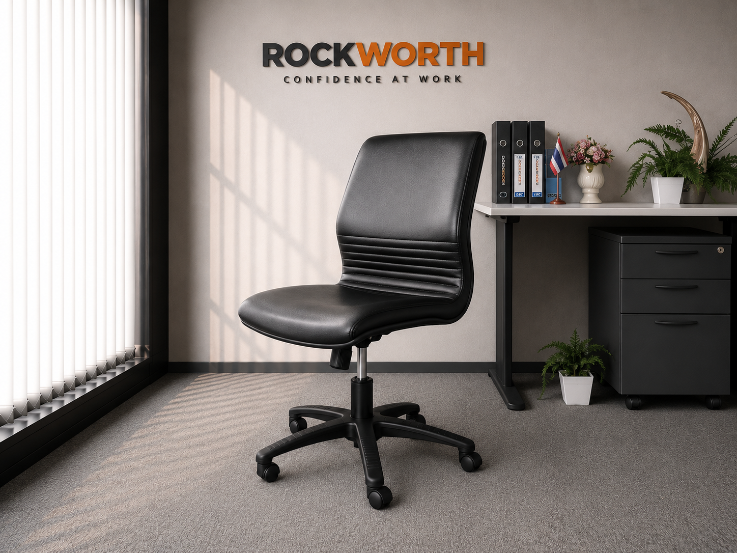 เก้าอี้สำนักงาน Rockworth เบาะหนังไม่มีแขน ขาเหล็ก (7)