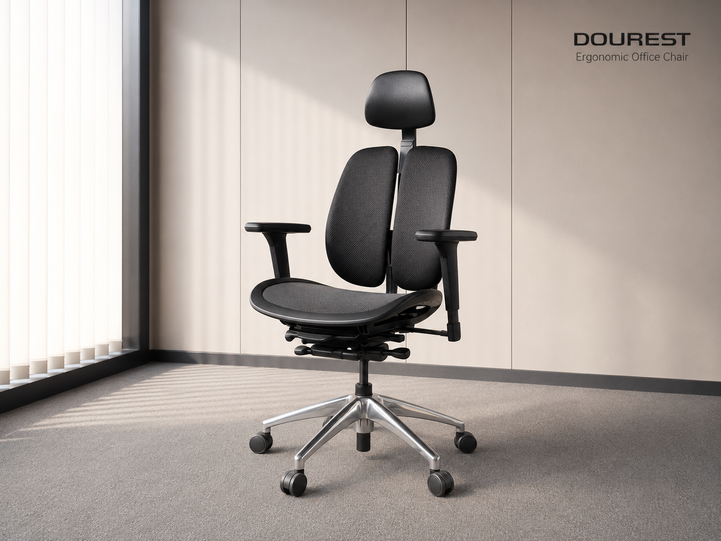Office chair, steel legs, mesh seat, fabric backrest, with headrest, black, DOUREST brand._MKBU41QIRM