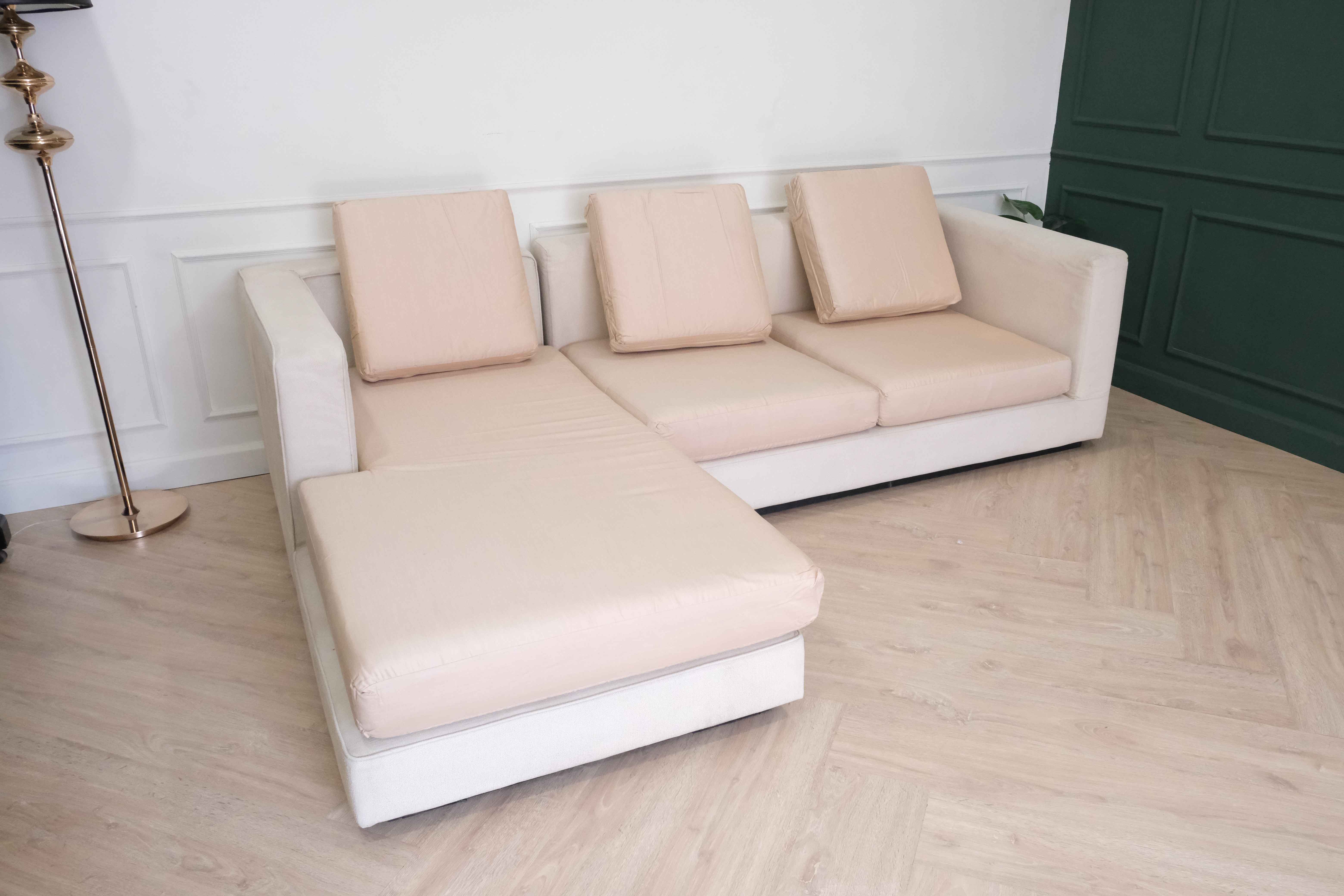 L shaped sofa 3 seater sofa thick cream pink fabric seats wooden frame