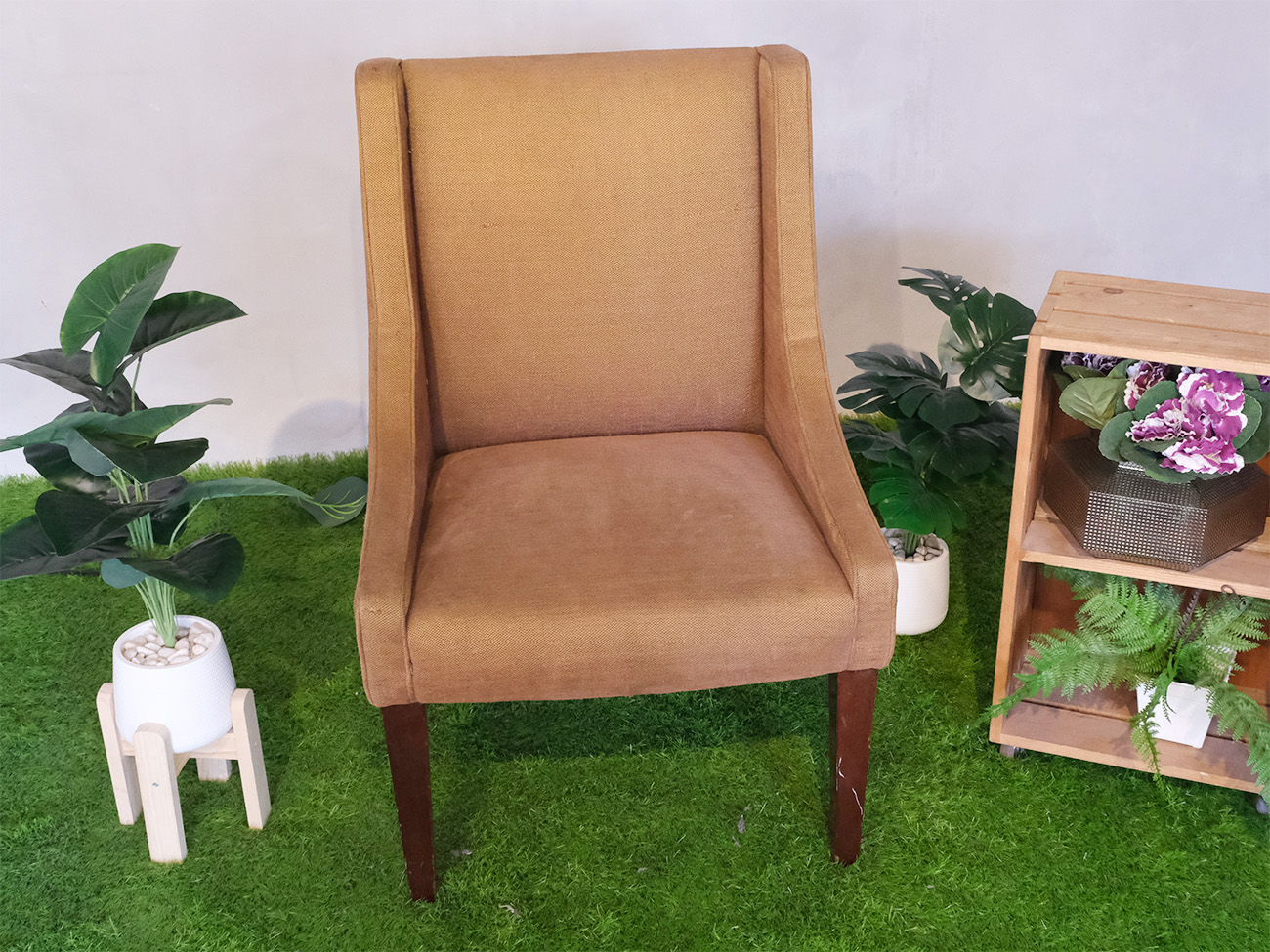 Wooden chair, brown fabric cushion, beautiful frame.