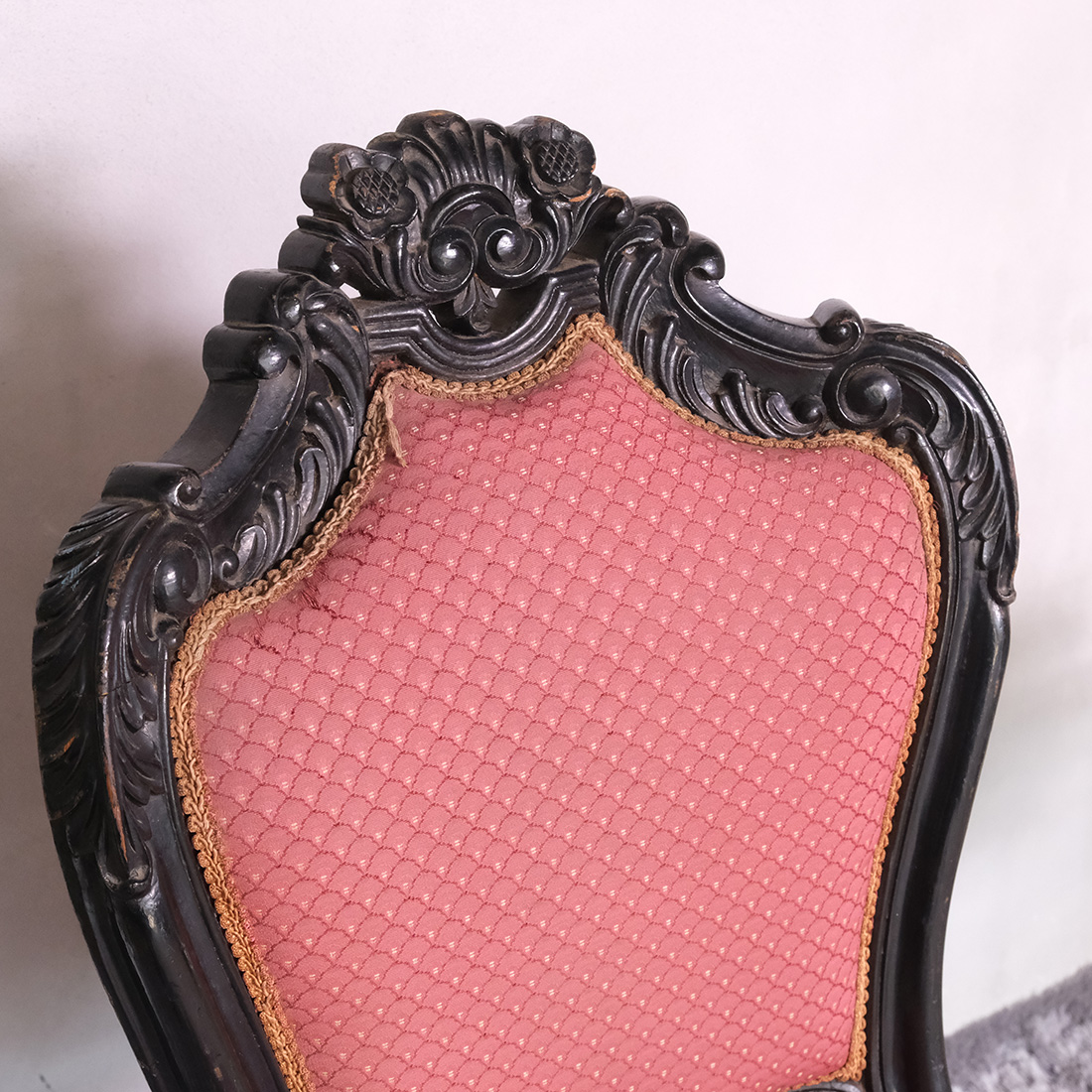 Chair with teak frame, red fabric cushion, beautiful Louis style design.