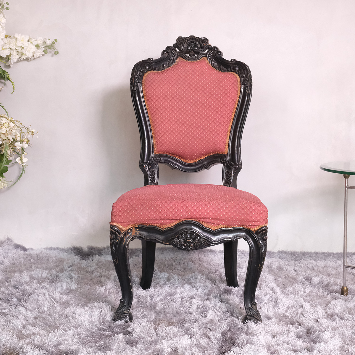 Chair with teak frame, red fabric cushion, beautiful Louis style design.