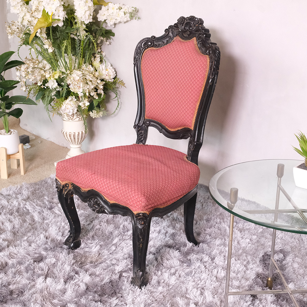 Chair with teak frame, red fabric cushion, beautiful Louis style design.