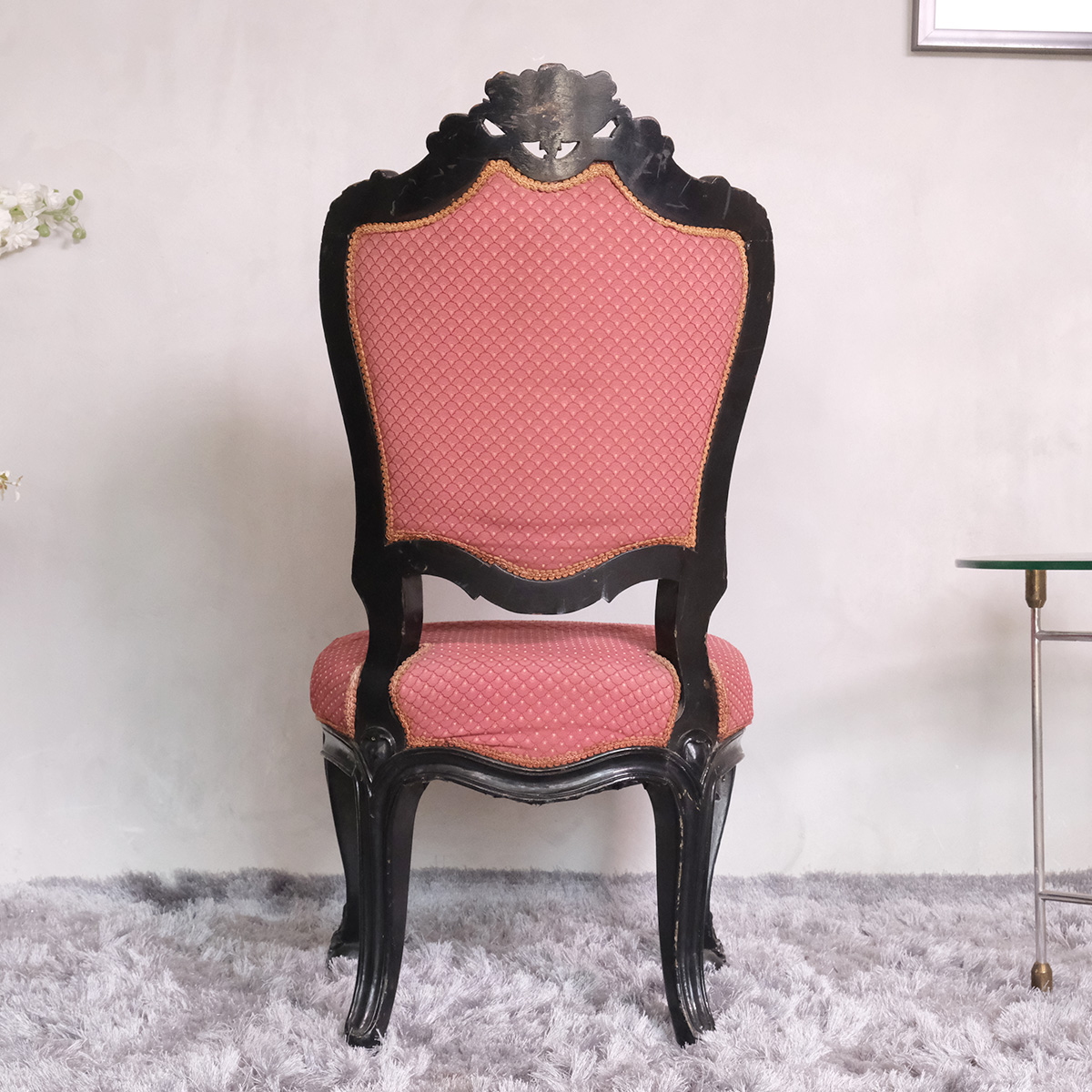 Chair with teak frame, red fabric cushion, beautiful Louis style design.