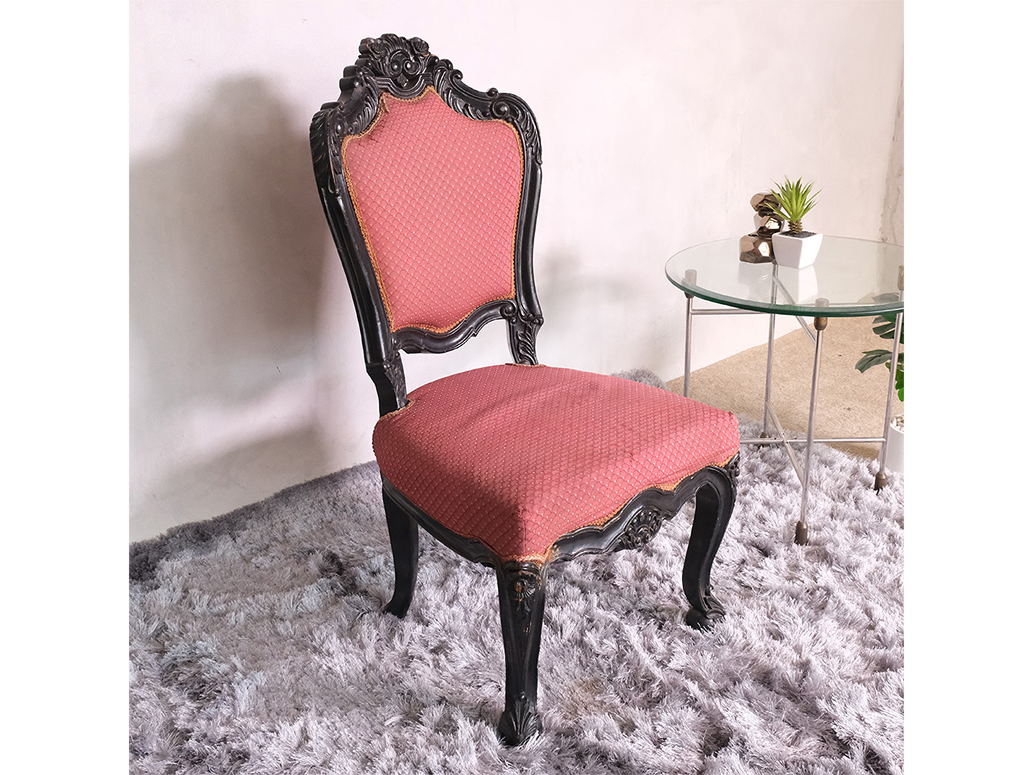 Chair with teak frame, red fabric cushion, beautiful Louis style design.