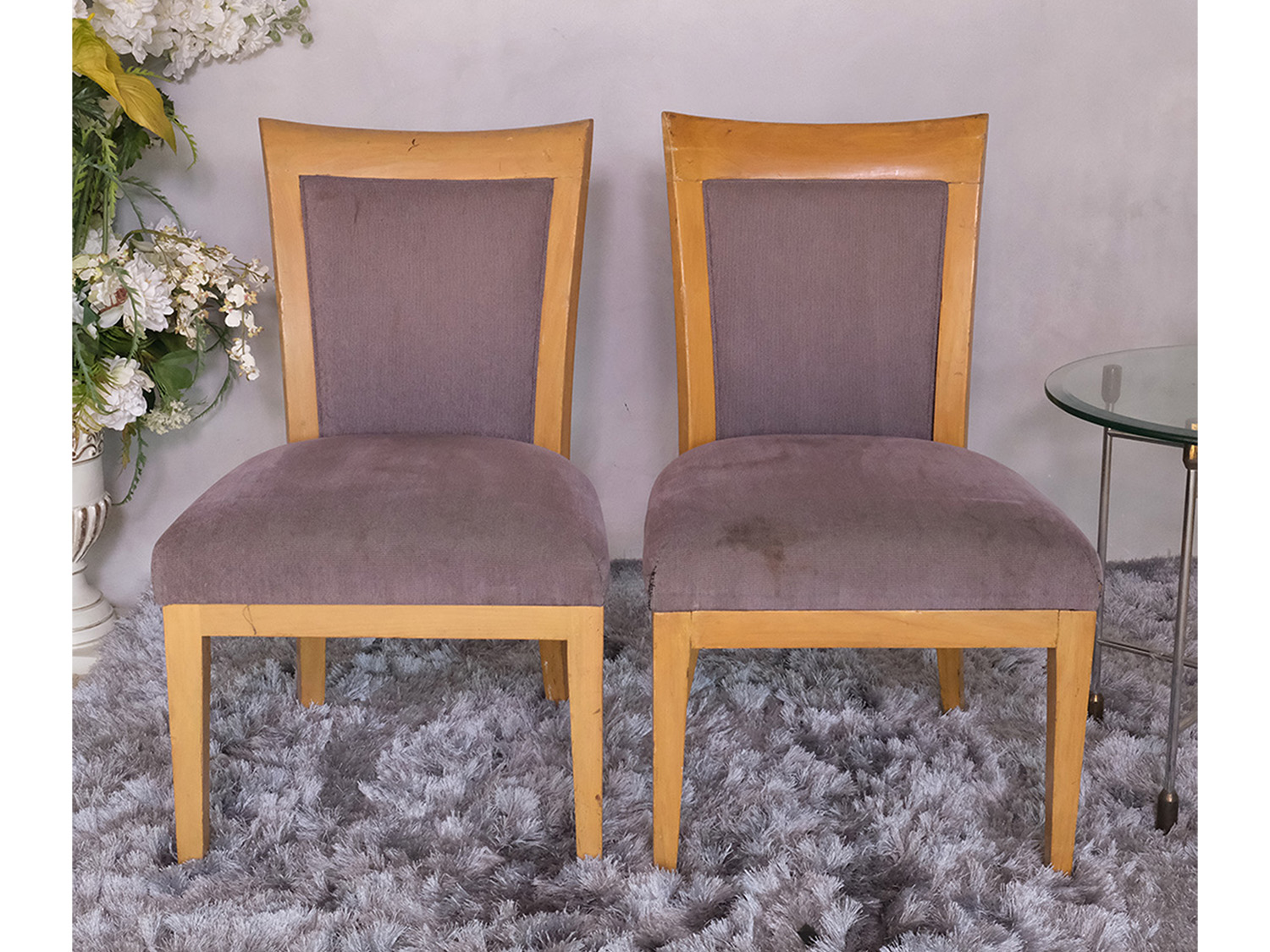 เก้าอี้ไม้ เบาะผ้าสีม่วง ดีไซน์สวย (1)