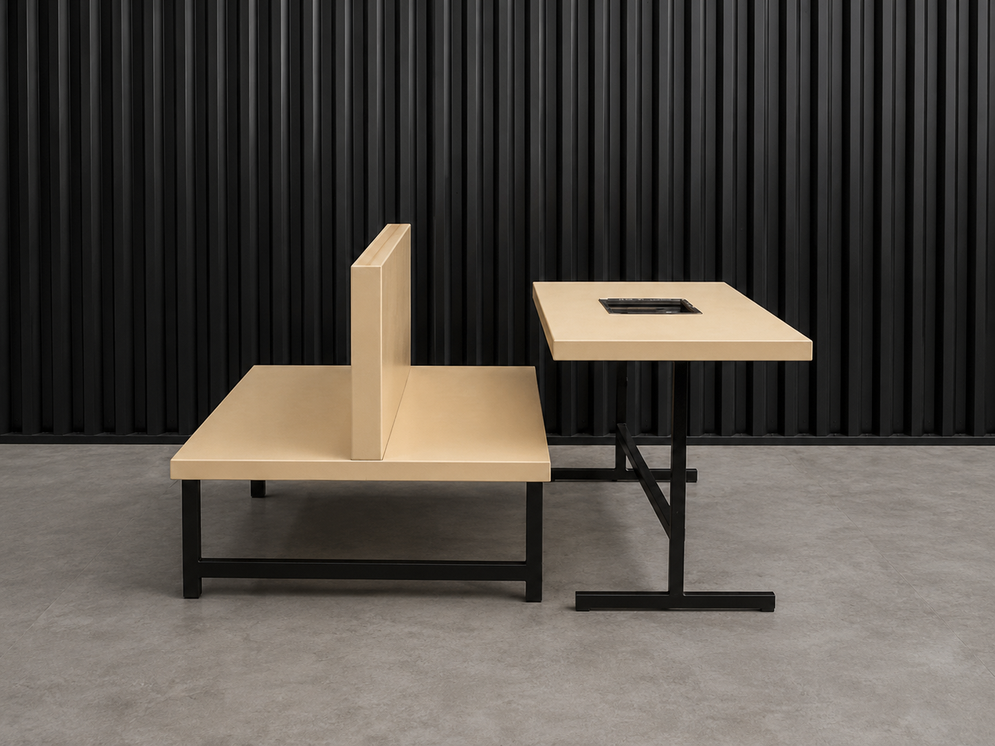 Set of 2 tables and chairs, steel legs, wooden top, cream color