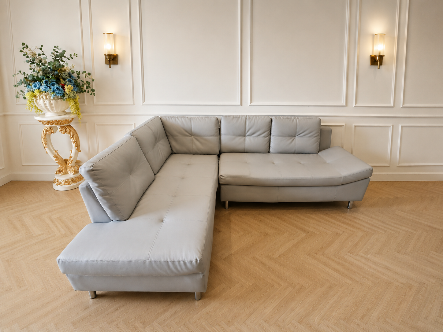 4-seater L-shaped sofa, grey leather upholstery, steel legs, Index brand, Ovira model.
