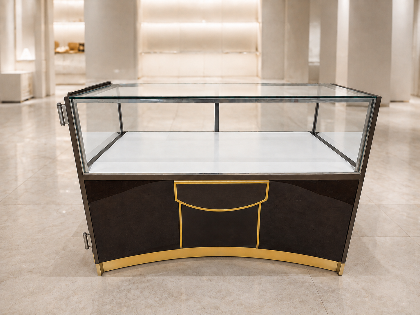 Brown glass display cabinet featuring 2 doors, 2 drawers, and 3 storage compartments.