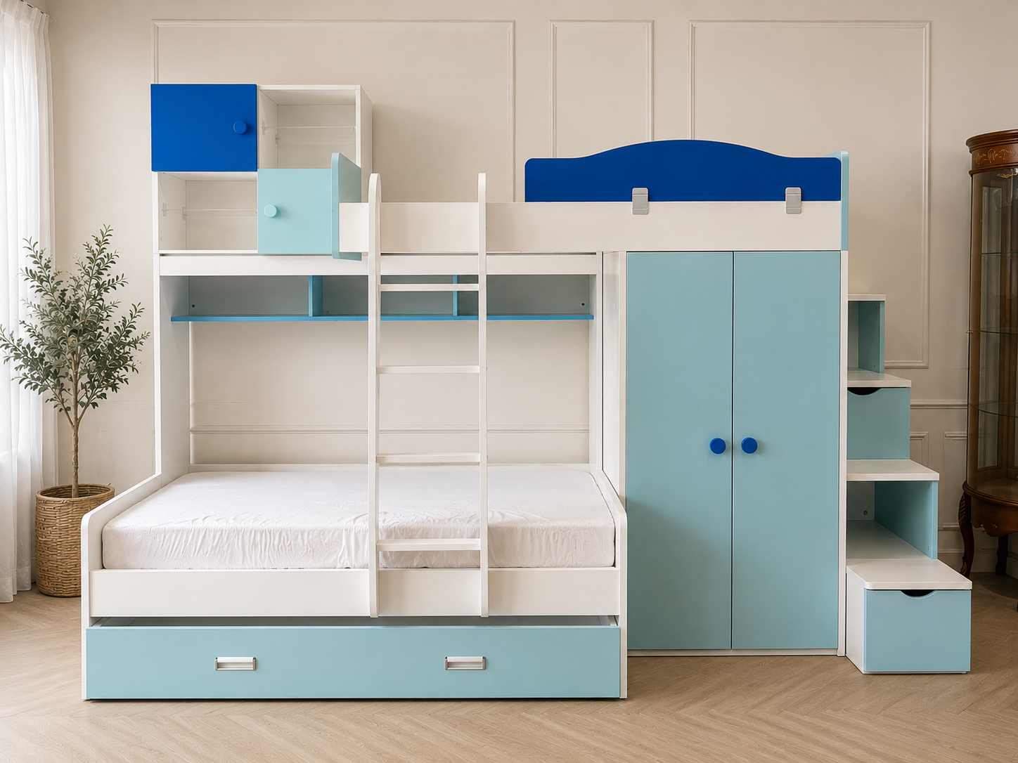 Blue Sky Kids' Bedroom Set in Blue & White – Bunk Bed with Under-Bed Storage, Wardrobe, Storage Stairs, Study Desk, and Chair