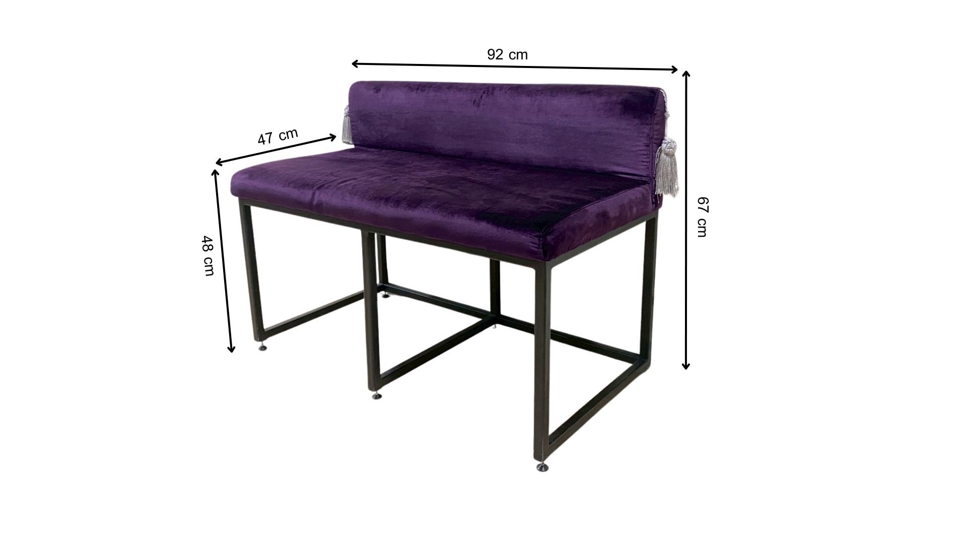 Two-seater chair with steel legs and purple velvet upholstery.