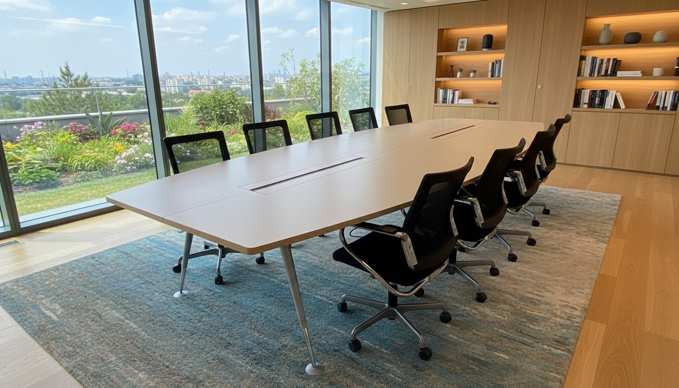 โต๊ะประชุม 12 ที่นั่ง ขาเหล็ก พร้อมรางปลั๊กไฟ ท็อปไม้ สีน้ำตาลอ่อน (1)