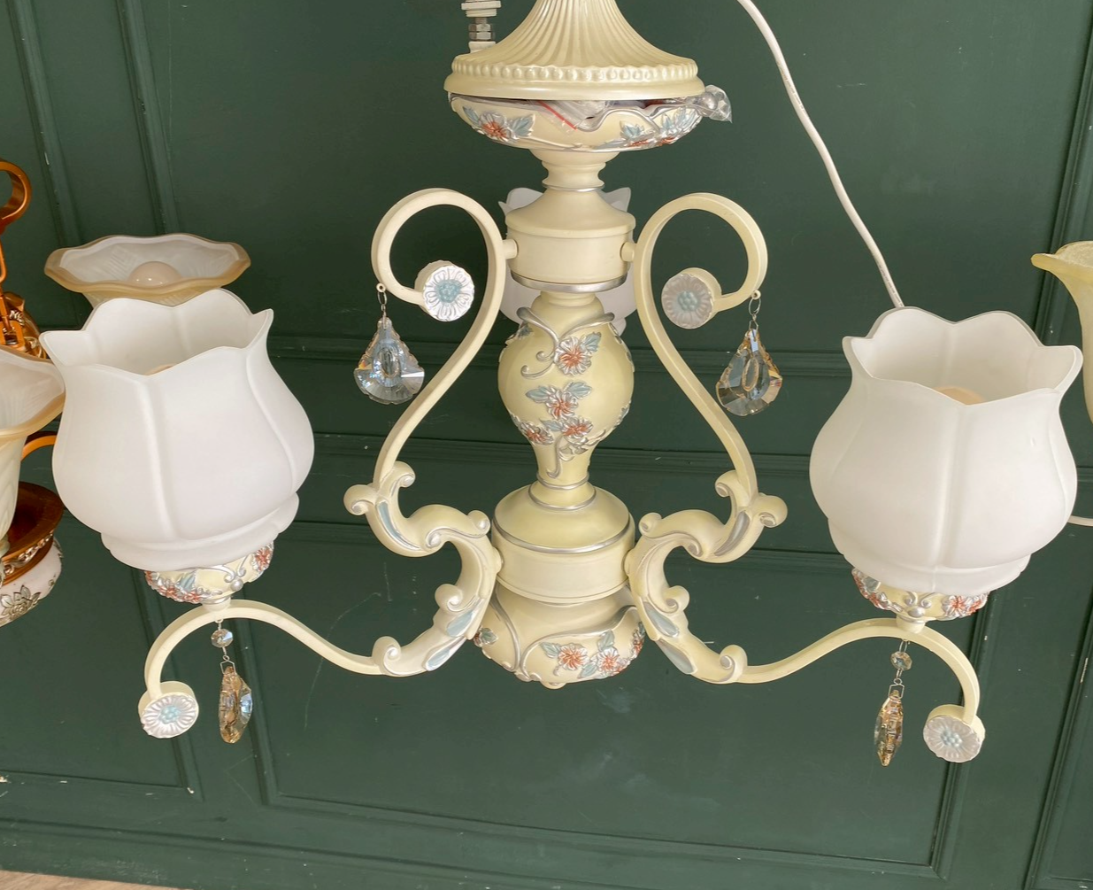 Chandelier, glass pendant lamp, floral pattern, cream color.