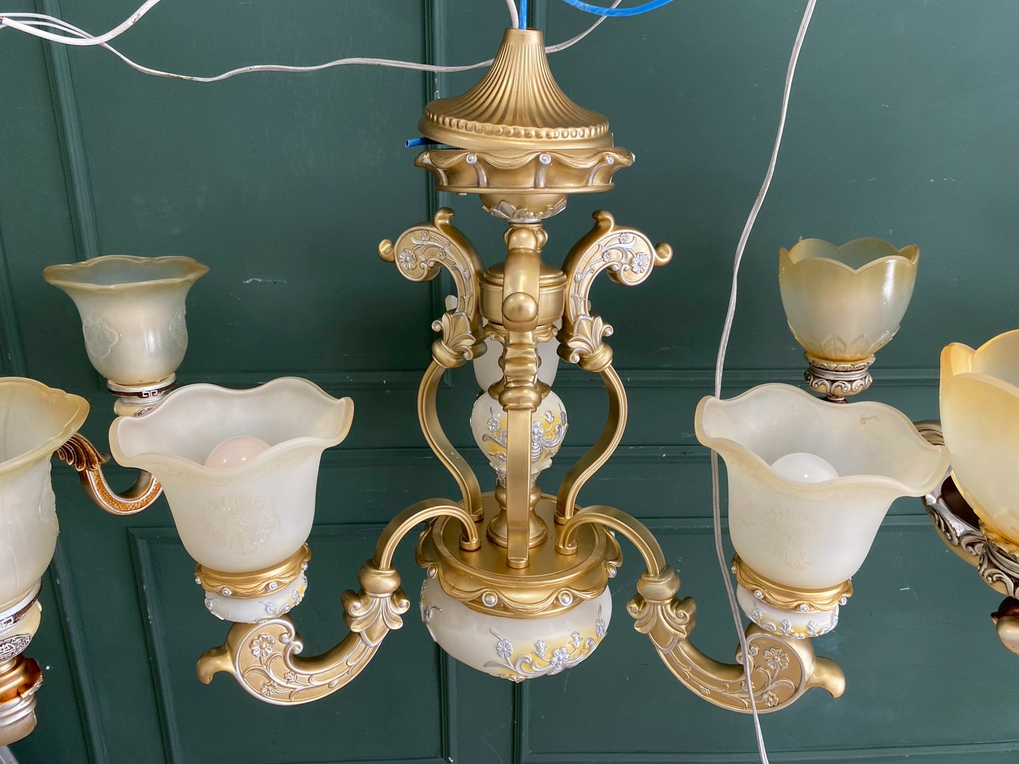 Chandelier, glass pendant lamp, white and gold.