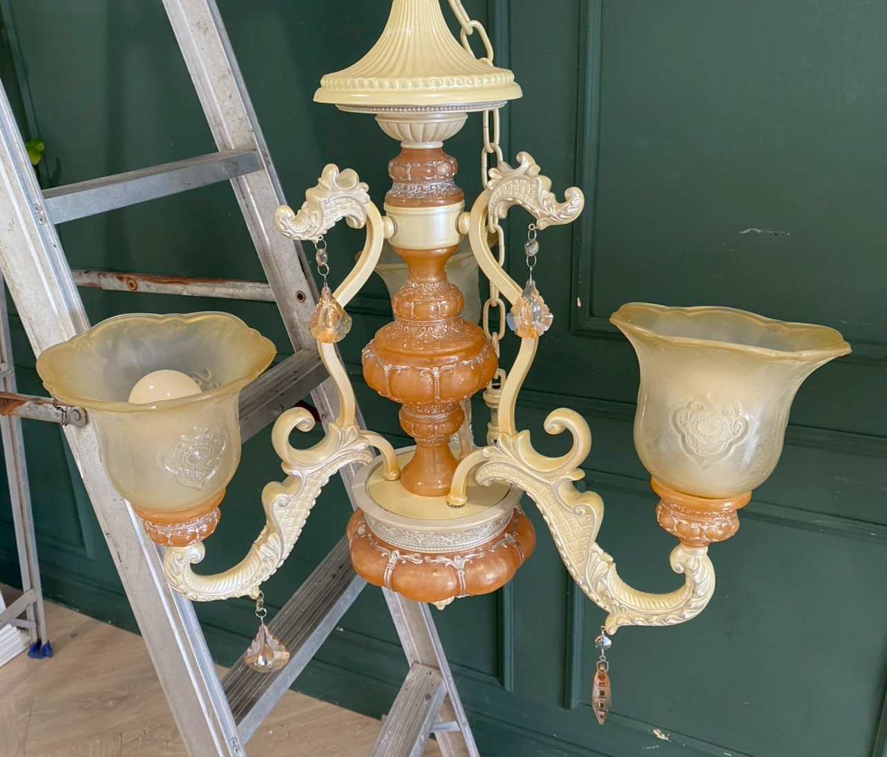 Chandelier, glass pendant lamp, cream and orange color.