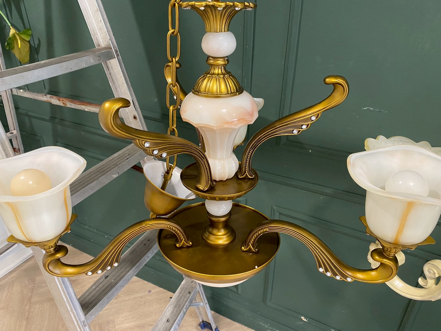 Chandelier, glass pendant lamp, gold color.