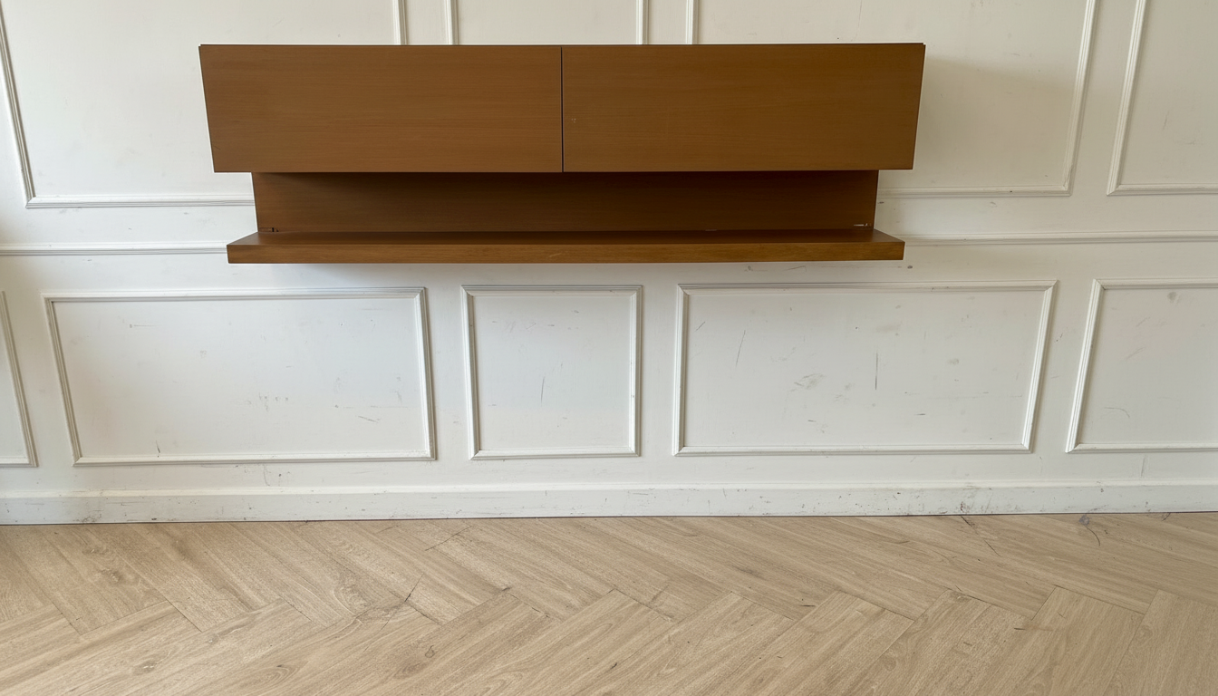 Teak wood wall-mounted cabinet with two doors.