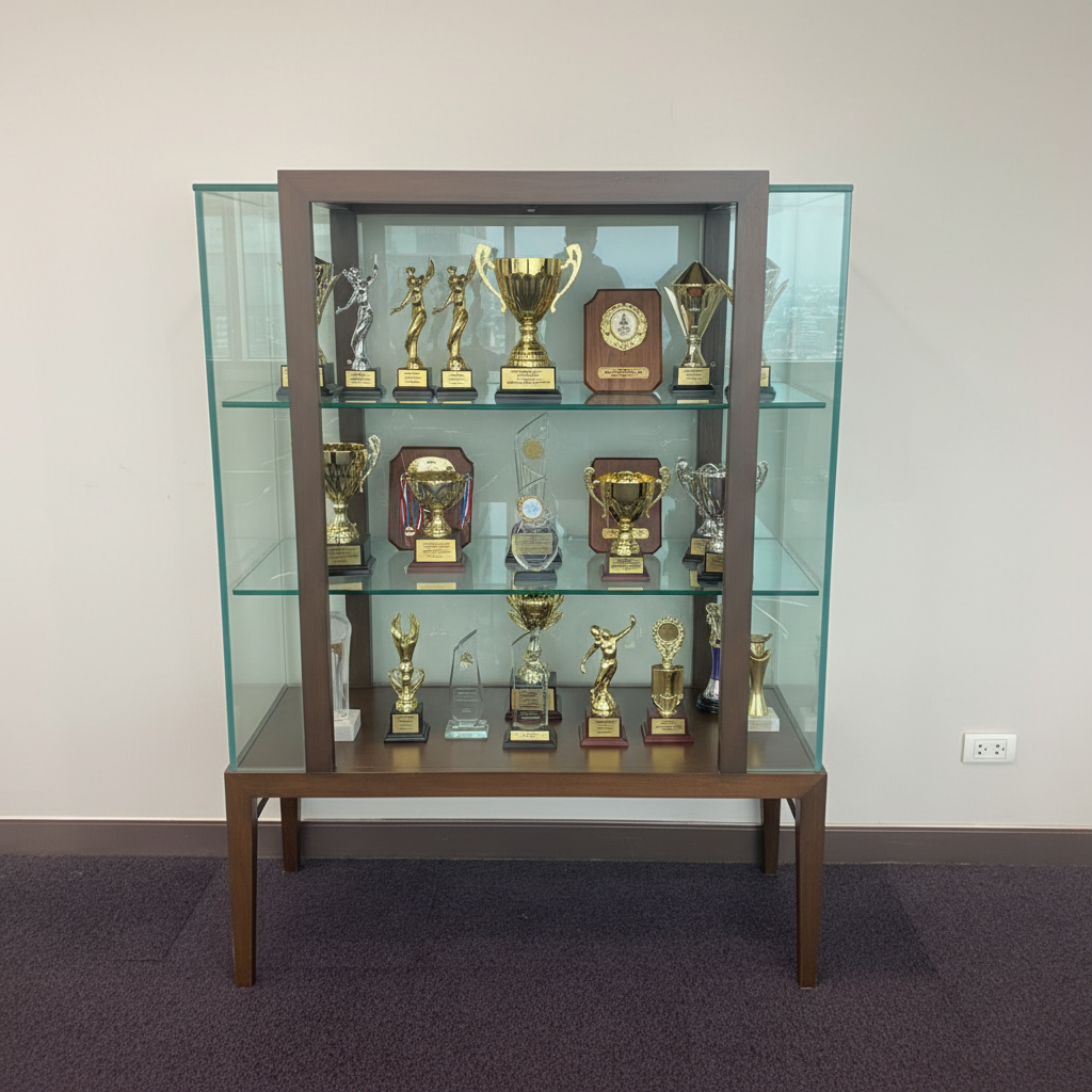 Three-tiered glass display case with wooden frame