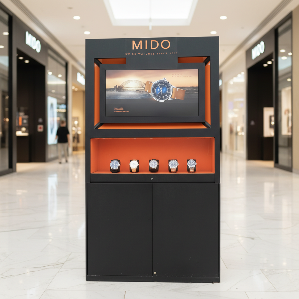 Jewelry display case, glass showcase, 2-tier display case, black wooden frame, 2 open doors, 1 glass drawer.