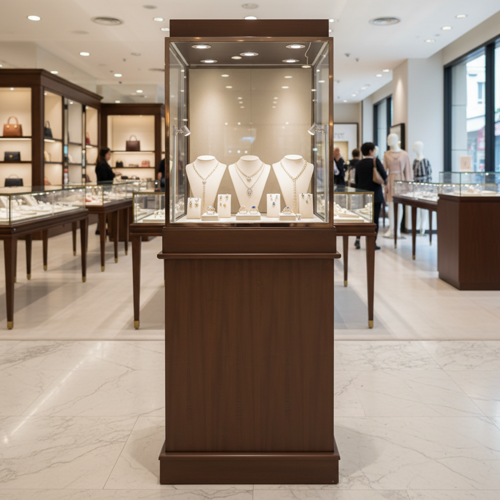 Jewelry display cabinet, glass display cabinet, 1 open door, 1 sliding door