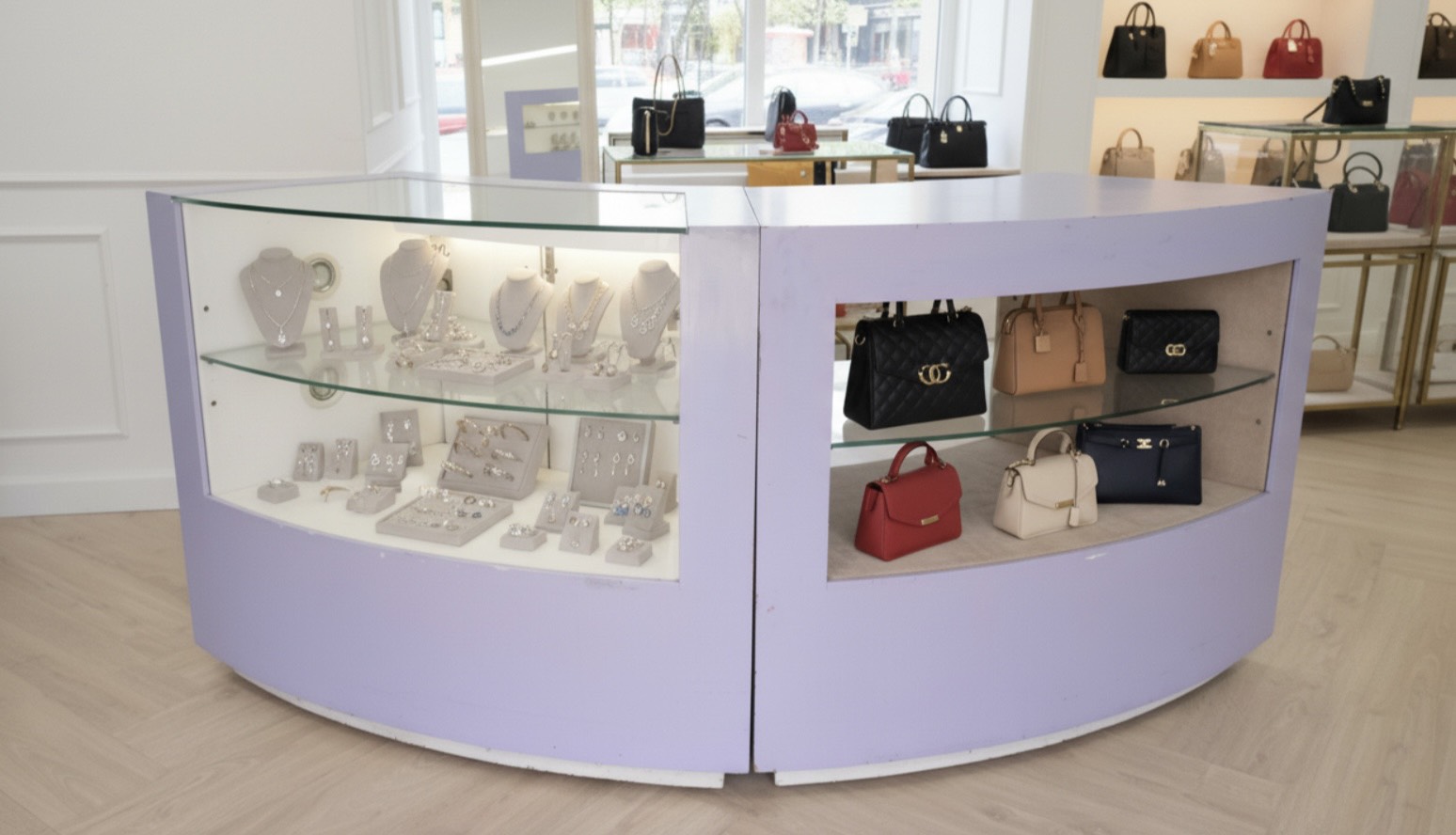 ตู้จิวเวลรี่ ตู้กระจกโชว์สินค้าทรงโค้ง สีม่วง ไม่มีประตูปิดช่องกระจก (มี 4 ใบ)