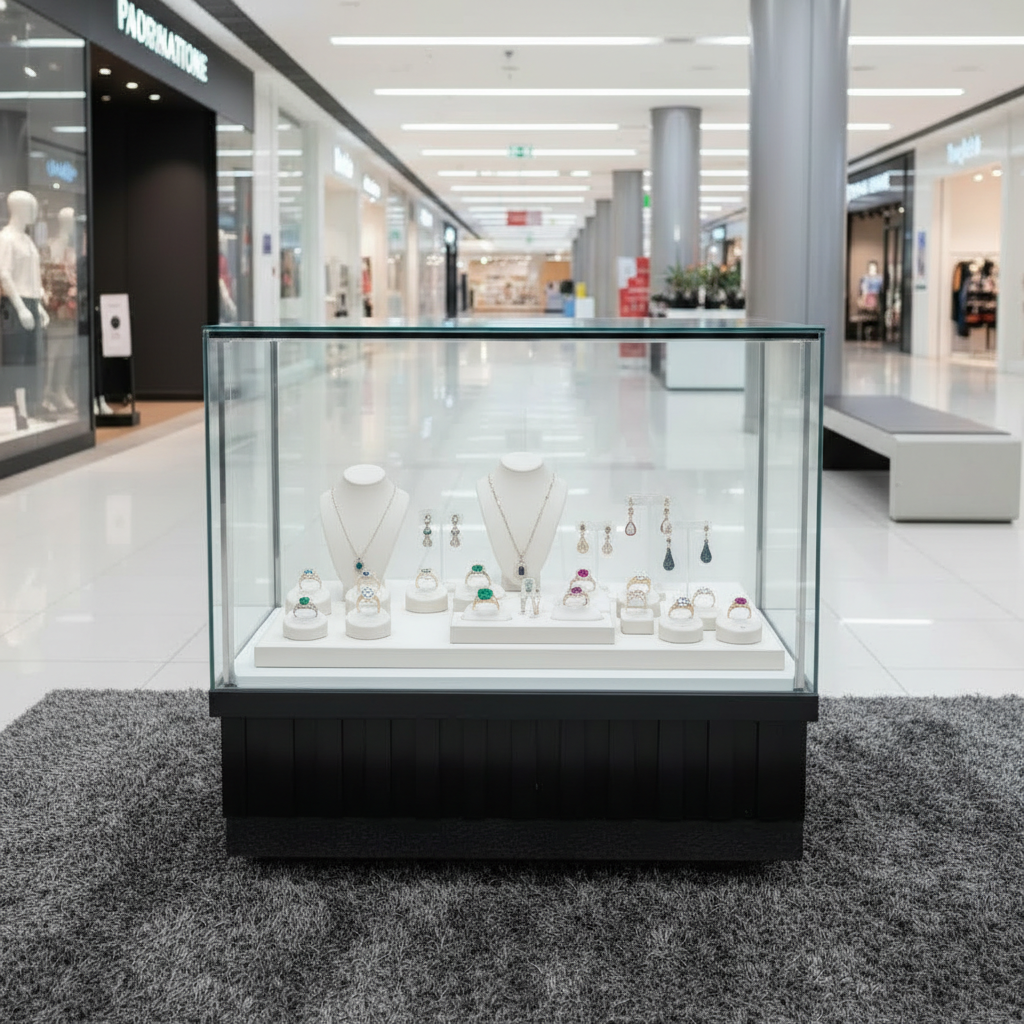 Jewelry cabinet, glass cabinet to display products Rectangular shape Sliding glass door, 2 drawers