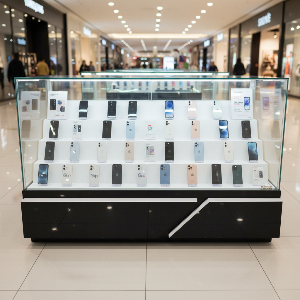 Glass display cabinet, phone display cabinet, 4 sliding doors, black