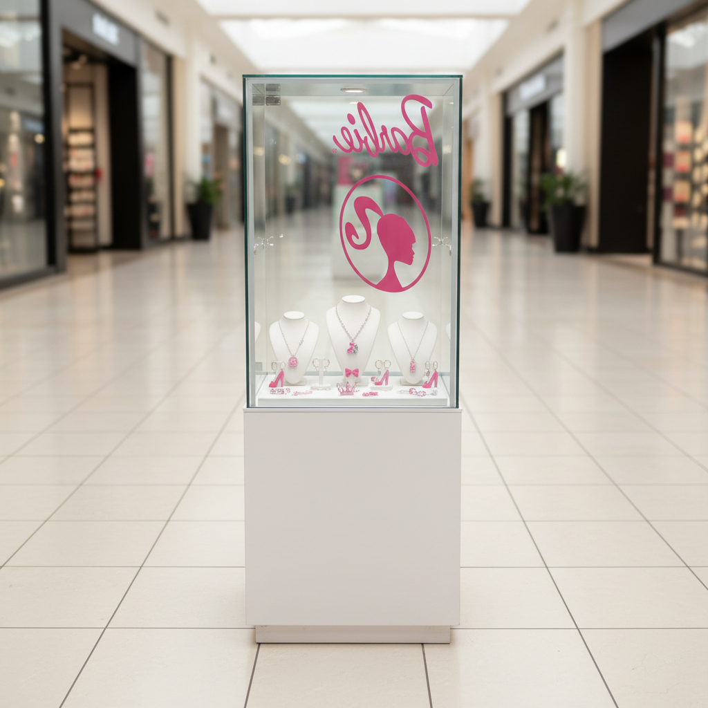 Glass display cabinet, jewelry cabinet, product display cabinet, tall, 2 doors open, white.