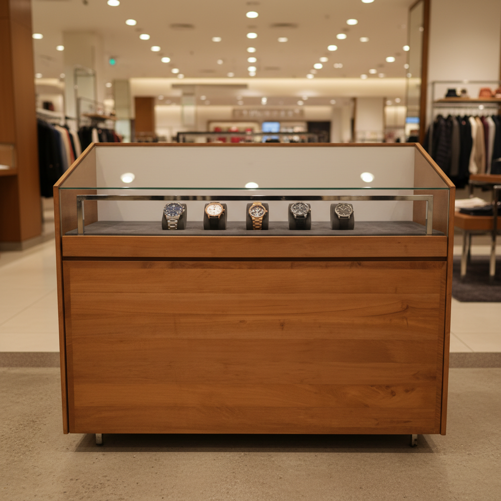 Glass display cabinet with 2 drawers, teak, brown