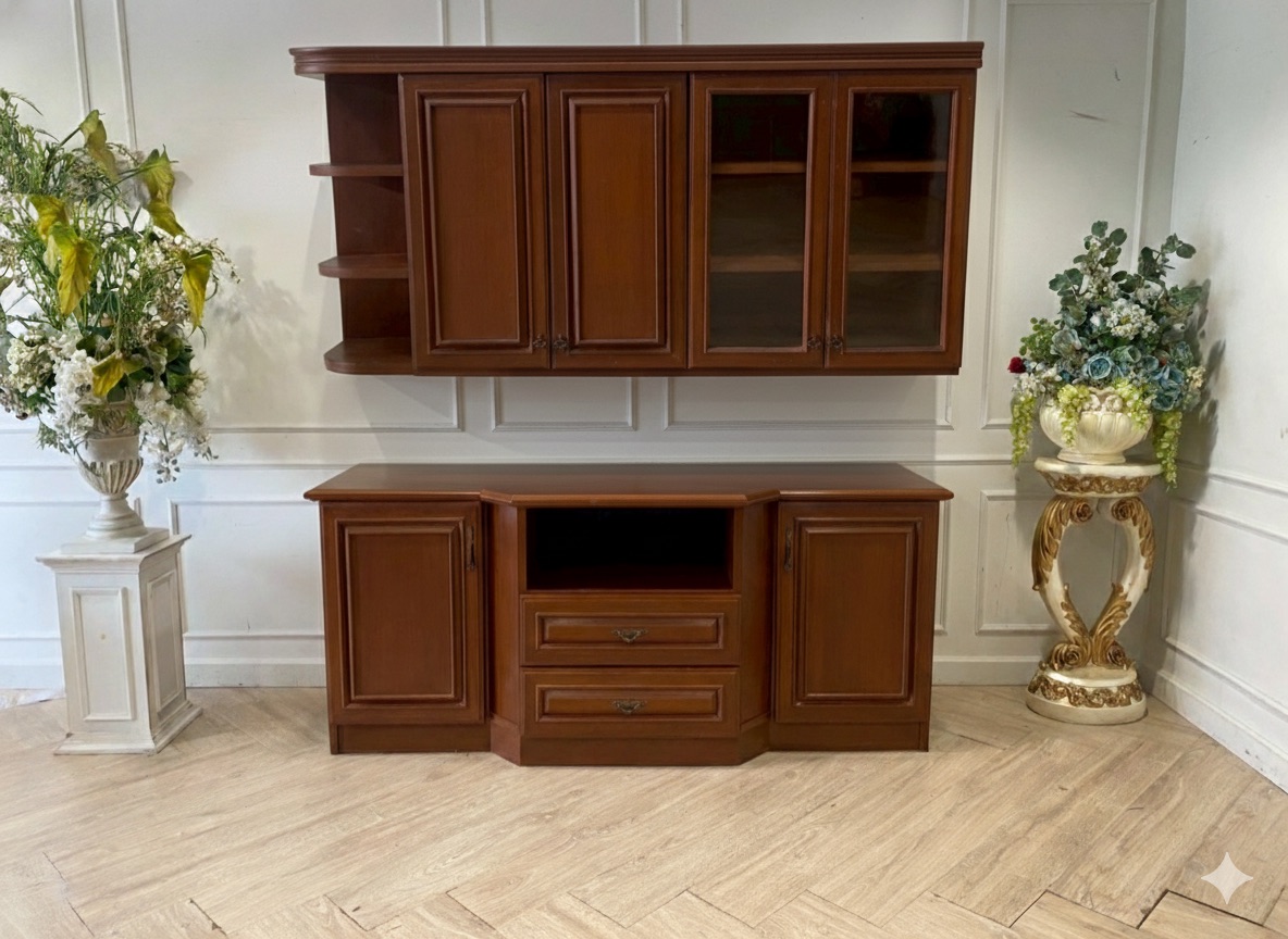 Wooden wall cabinet with shelves, 2 drawers, 2 doors, and 1 storage compartment.