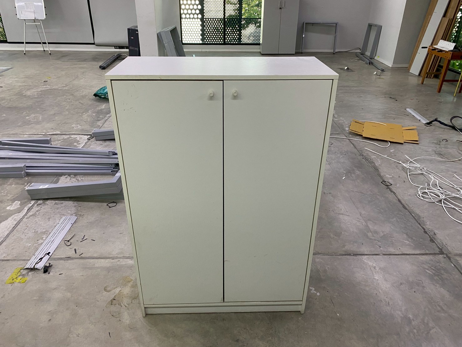 Tall shoe cabinet with two doors.