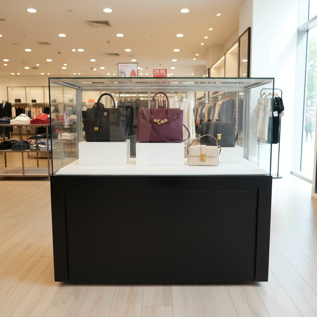 珠宝柜，玻璃产品展示柜，展示柜，黑色木框架，白色产品底座，2扇推拉门，带轮子。