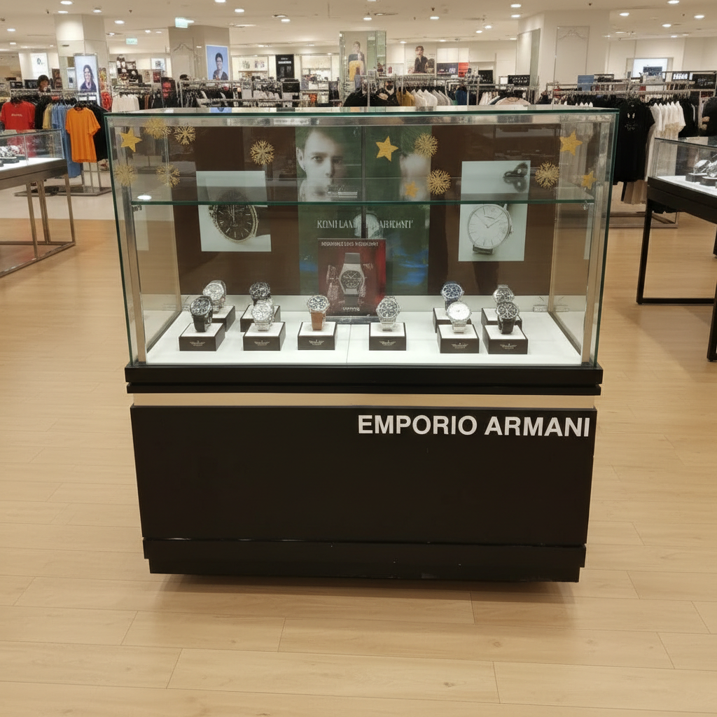 ตู้จิวเวลรี่ ตู้กระจกโชว์สินค้าแบบ 4 บานเปิด โครงไม้สีดำ มีไฟ led ตามขอบกระจก (1)