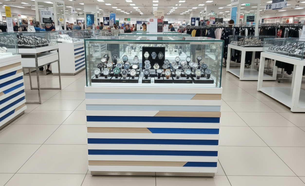 ตู้จิวเวลรี่ ตู้โชว์สินค้ากระจกแบบลิ้นชัก สีขาว-น้ำตาล-น้ำเงิน (1)