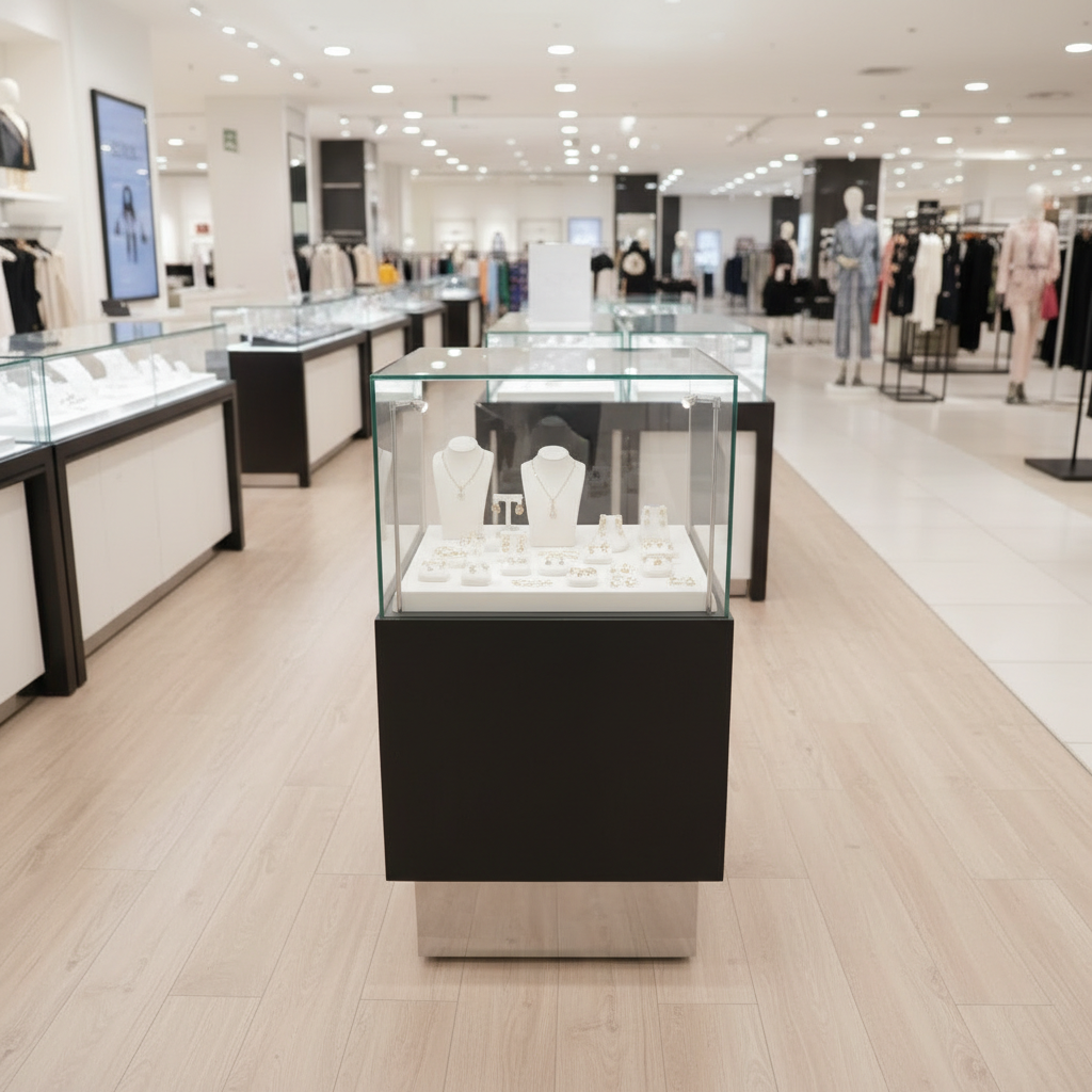 Jewelry cabinet, glass cabinet to display products Square shape, black wooden base, stainless steel edge, with storage cabinet.