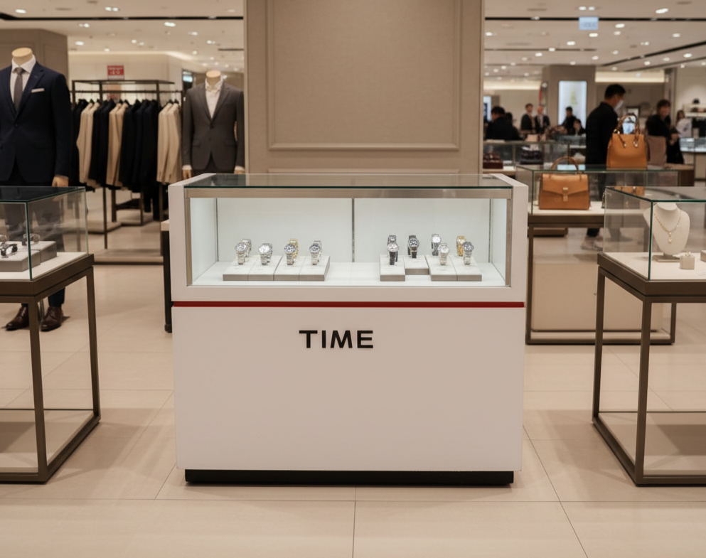 White glass display cabinet with red trim