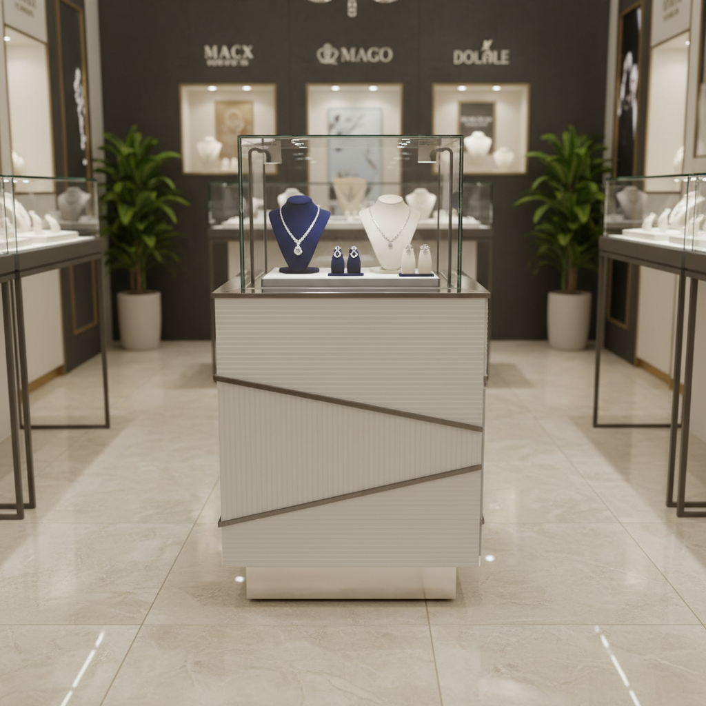 珠宝柜、玻璃柜展示产品底座采用不锈钢刻花玻璃图案设计，有一个带有 1 个灰色石纹门的储物柜。