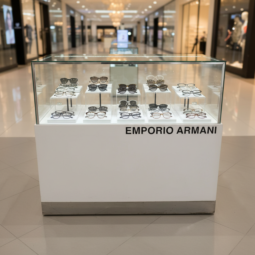 珠宝柜，玻璃产品展示柜，有2个开门，白色木框，玻璃边缘有LED灯。