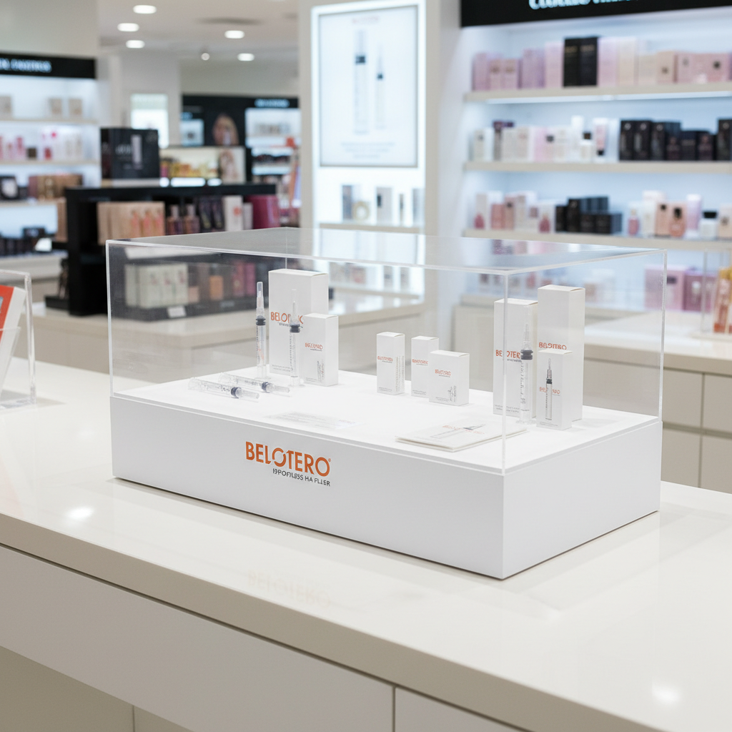 透明亚克力产品展示架，白色木框，宽水平。