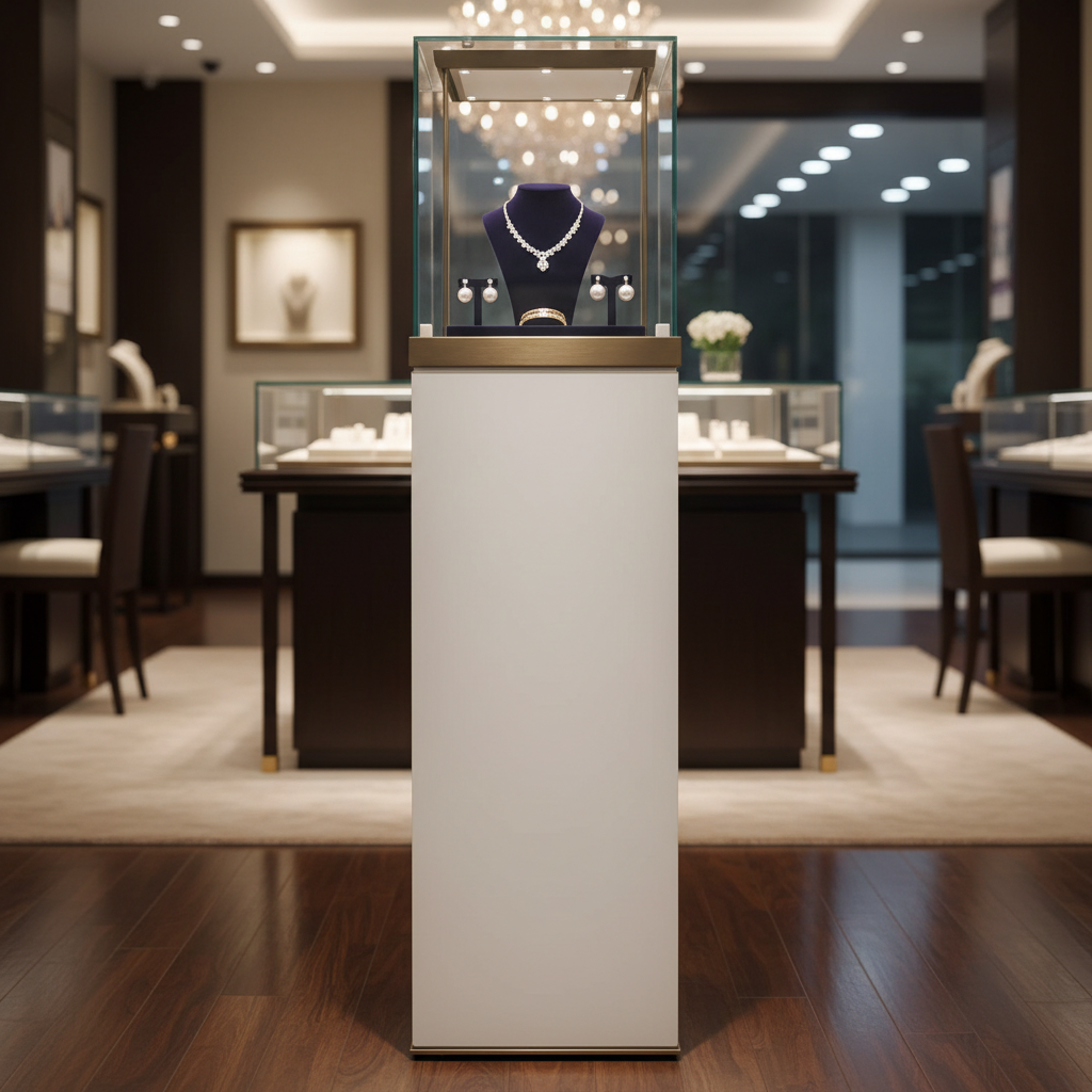 Tall jewelry display case with gold-colored stainless steel trim.    Steel frame base covered with white rubberized fabric.